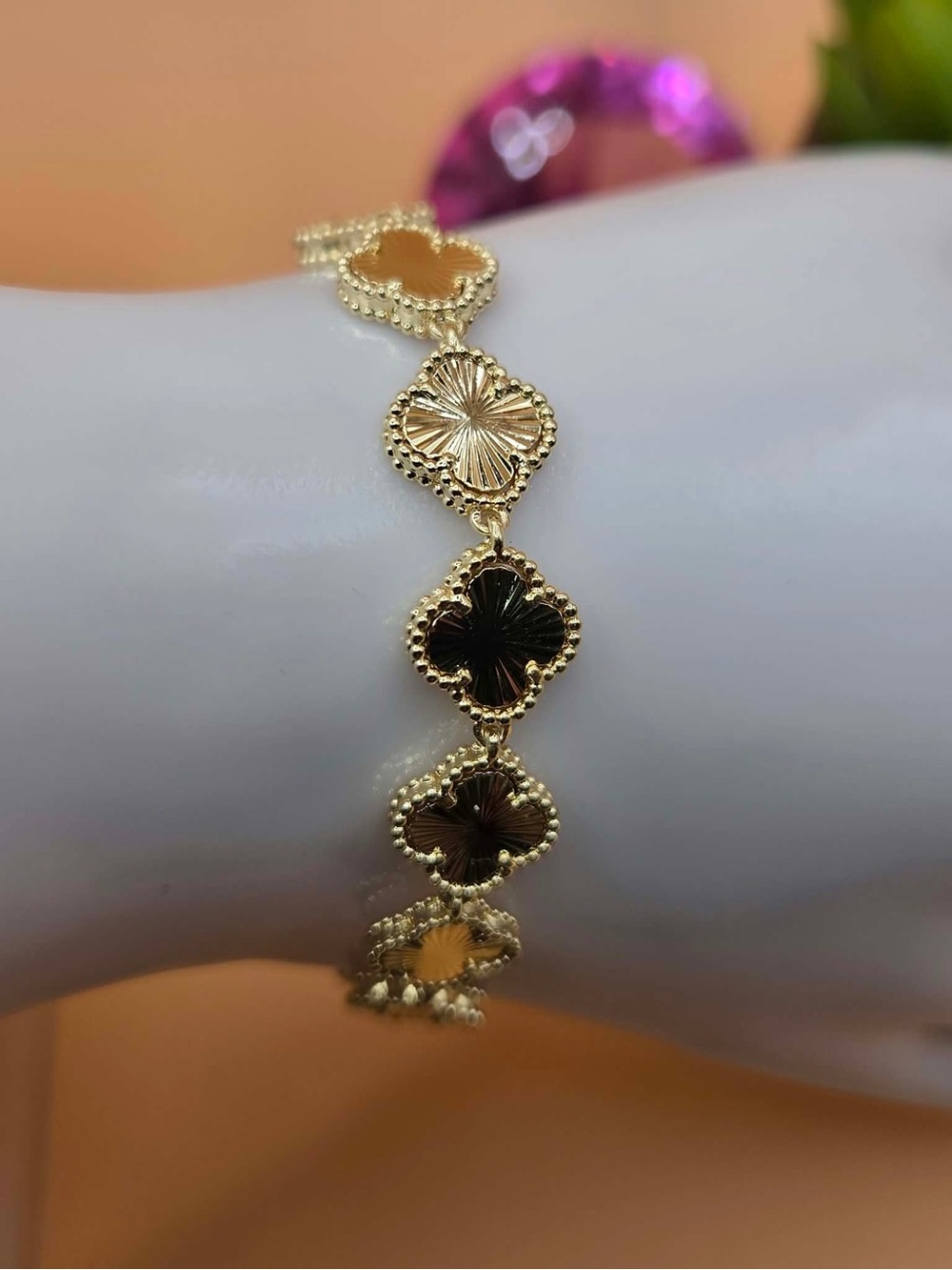 Gold Plated Floral Clover Link Bracelet - Women Jewelry